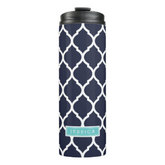Navy and Turquoise Moroccan Quatrefoil Monogram Thermal Tumbler