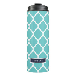 Navy and Turquoise Moroccan Quatrefoil Monogram Thermal Tumbler
