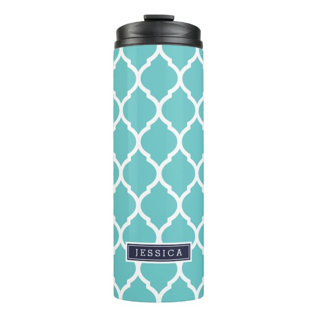 Navy and Turquoise Moroccan Quatrefoil Monogram Thermal Tumbler (Front)