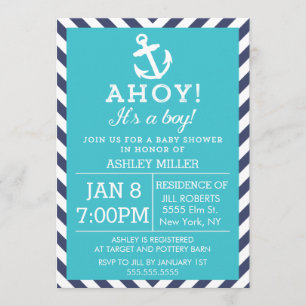 Navy and Turquoise Nautical Chevron Baby Shower Invitation