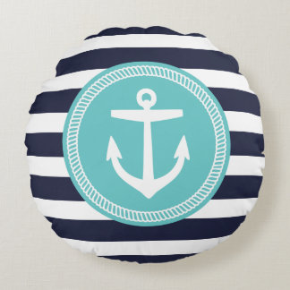 Navy and Turquoise Nautical Stripes and Anchor Round Cushion