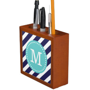 Navy and Turquoise Preppy Stripes Custom Monogram Desk Organiser
