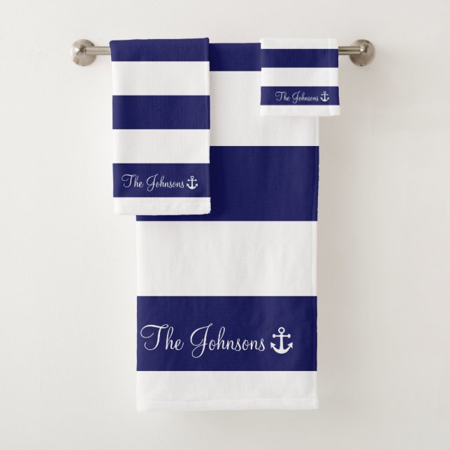 Navy and White Anchor Bath Towel Set (Insitu)