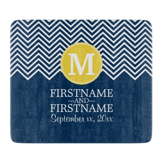 Navy and White Chevron Pattern Custom Monogram Cutting Board (Front)