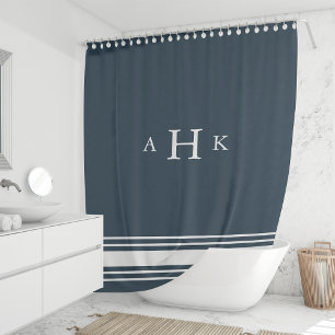 Navy and White Classic Stripe Border Monogram Shower Curtain