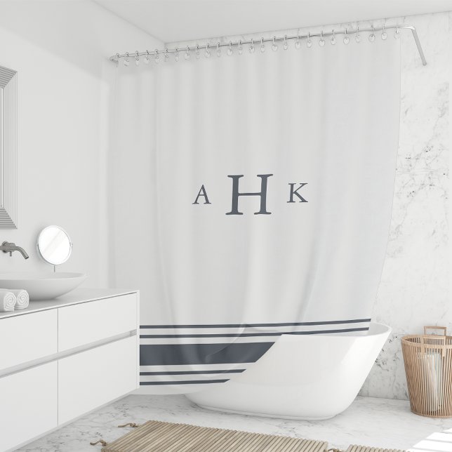 Navy and White Classic Stripe Border Monogram Shower Curtain (Creator Uploaded)