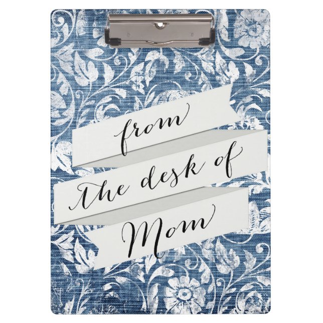 Navy and White Denim Damask Shabby Chic Print Clipboard (Front)