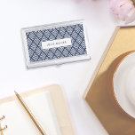 Navy and White Diamond Pattern Business Card Holder<br><div class="desc">Preppy chic business card case features an elongated diamond chevron pattern in classic navy blue and white,  with your name,  monogram or company name in the centre.</div>