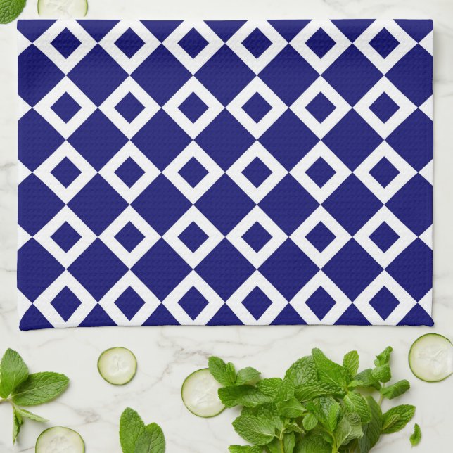 Navy and White Diamond Pattern Tea Towel (Folded)