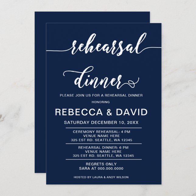 Navy and White Elegant Script Rehearsal Dinner Invitation (Front/Back)