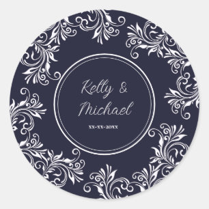 Navy and White Elegant Style Wedding Classic Round Sticker