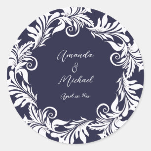 Navy and White Elegant Wedding Classic Round Sticker