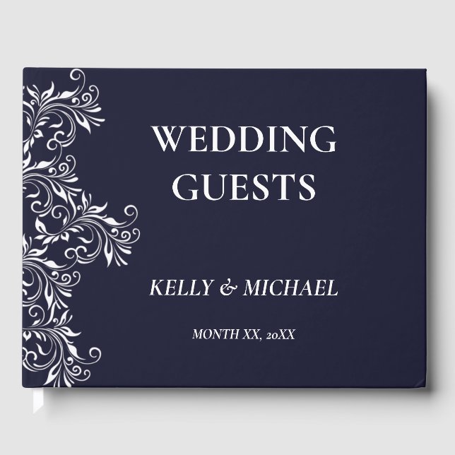 Navy and White Elegant Wedding Guest Book (Front)
