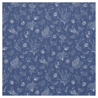 Navy and white fabric with seashells and seaweeds 