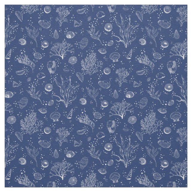 Navy and white fabric with seashells and seaweeds  (Swatch)