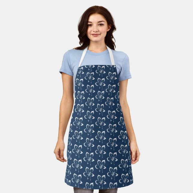 Navy and White Fall Leaves Pattern Apron (Worn)