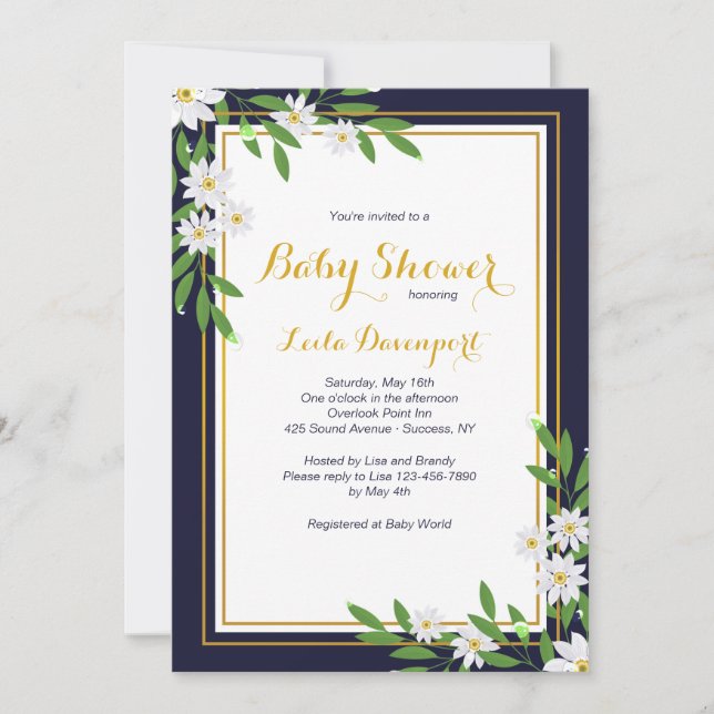 Navy and White Floral Invitation (Front)