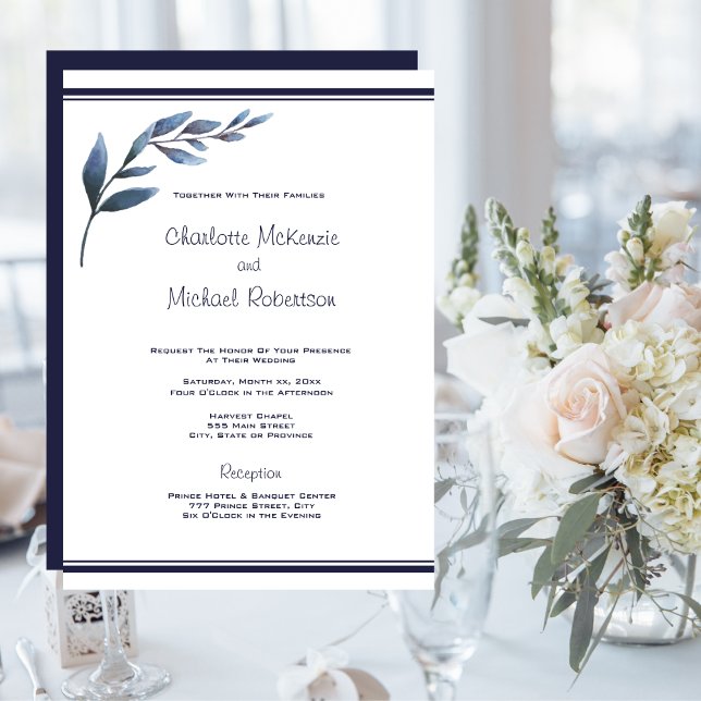Navy and White Floral Leaf Wedding Invitation (Creator Uploaded)