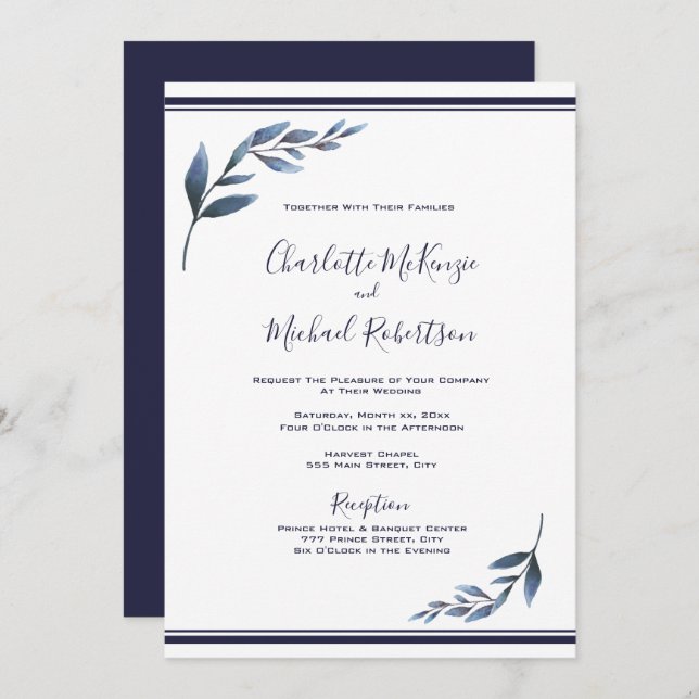 Navy and White Floral Leaf Wedding Invitation (Front/Back)