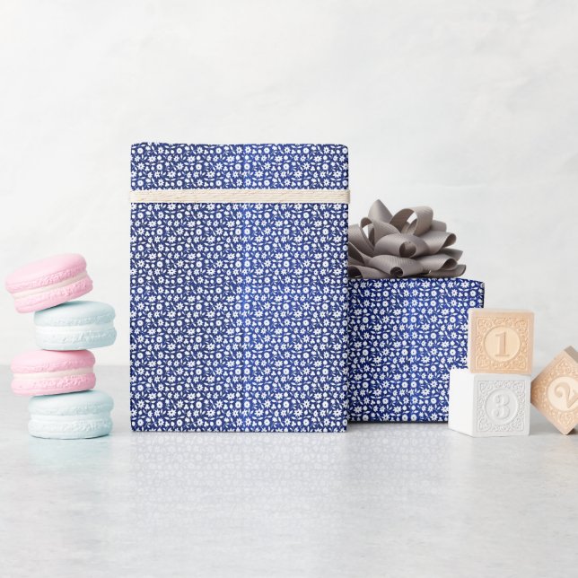 Navy and white floral pattern wrapping paper (Baby Shower)
