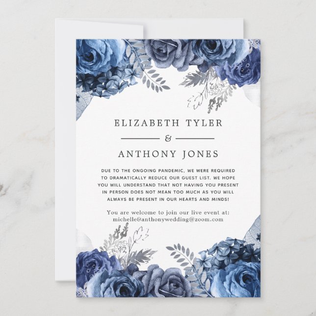 Navy and White floral Wedding Reduced Guest List Announcement (Front)