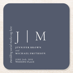 Navy and White Formal Simple Elegant Wedding Square Paper Coaster