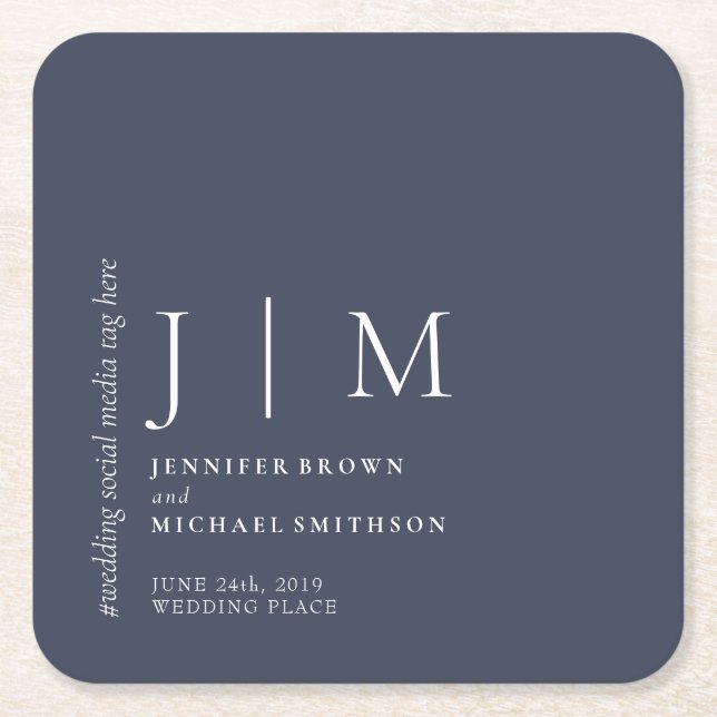 Navy and White Formal Simple Elegant Wedding Square Paper Coaster (Front)