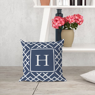 Navy and White Geometric Bamboo Lattice Monogram Cushion