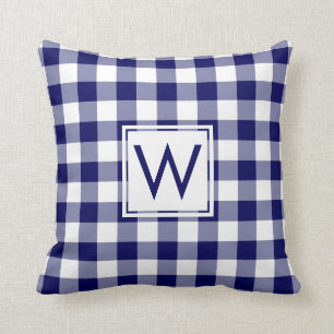 Navy and White Gingham Pattern, Custom Monogram Cushion