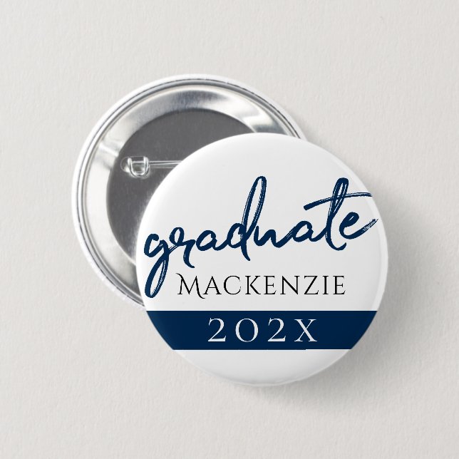 Navy and White Graduate | Chic Deep Blue Script 6 Cm Round Badge (Front & Back)
