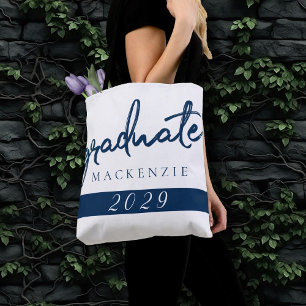 Navy and White Graduate Modern Dark Blue Brush Tote Bag