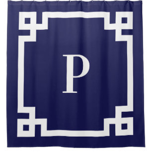 Navy and White Greek Key Bold Border Monogram Shower Curtain