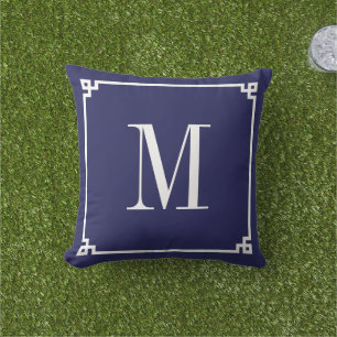 Navy and White Greek Key Border Monogrammed Cushion