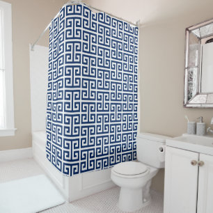 Navy and White Greek Key Monogram Shower Curtain
