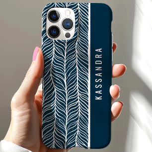 Navy And White Herringbone Personalised Name iPhone 15 Case