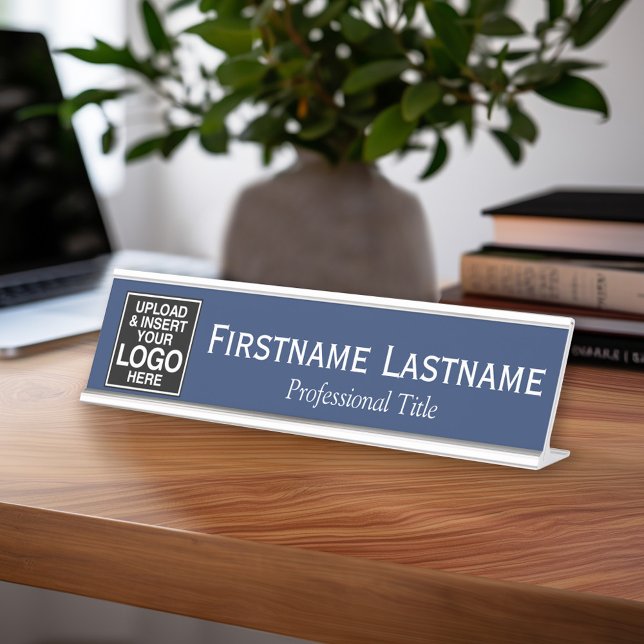 Navy and White - Logo, Name, Professional Title Desk Name Plate (Custom Name Plate - Executive Desk Sign with Name and title or other text)