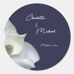Navy and White Magnolia Elegant Wedding Classic Round Sticker