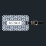 Navy and White Mediterranean Pattern Luggage Tag<br><div class="desc">Featuring a classic Spanish tile pattern in Mediterranean hues of navy blue,  light blue and crisp white,  this personalised luggage tag features your name or monogram on the front with your full contact details on the back.</div>