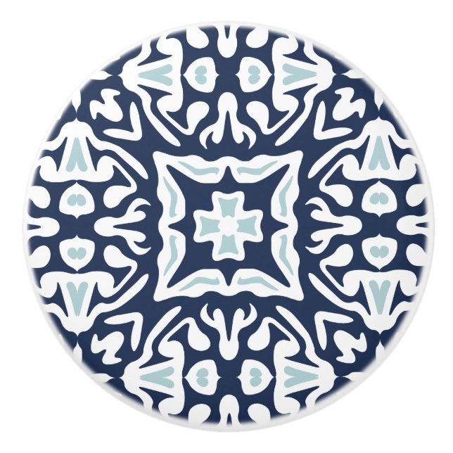 Navy and White Mediterranean Tile Pattern Ceramic Knob (Front)