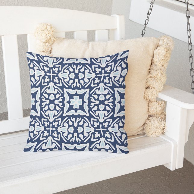 Navy and White Mediterranean Tile Pattern Outdoor Cushion (Creator Uploaded)