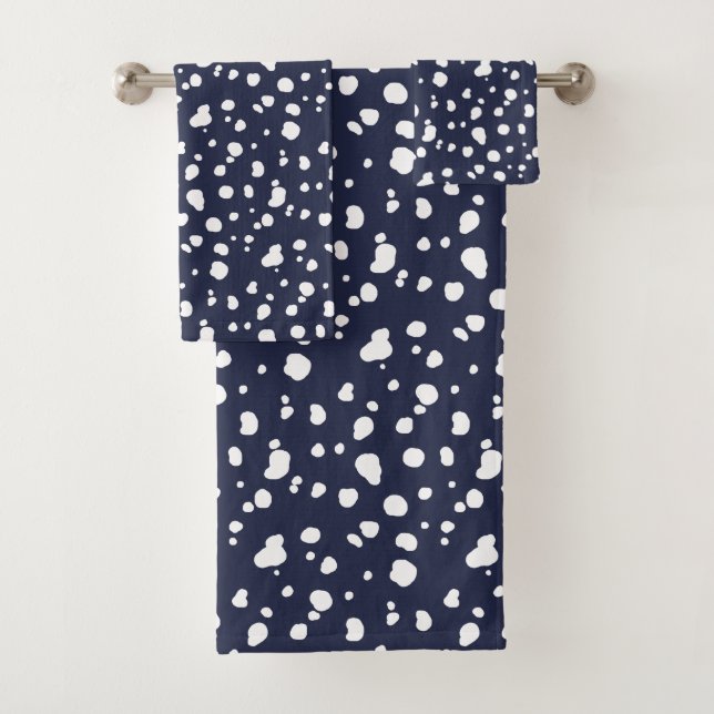 Navy and White Modern Dalmatian Spots Bath Towel Set (Insitu)