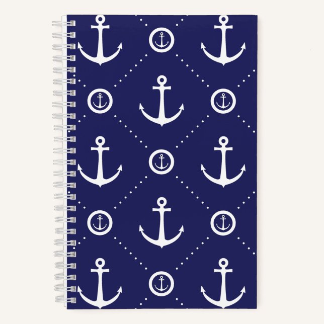 Navy and White Nautical Pattern Spiral Notebook (Front)