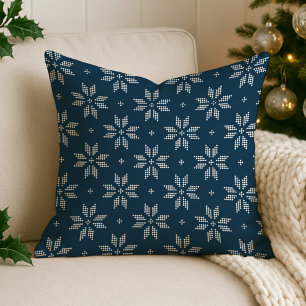 Navy and White Nordic Snowflake Holiday Cushion