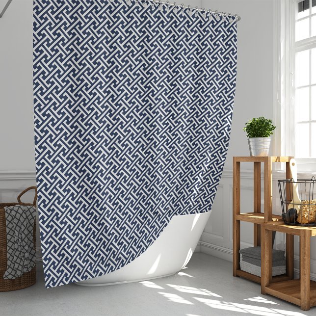 Navy and White Preppy Greek Pattern Shower Curtain (Creator Uploaded)