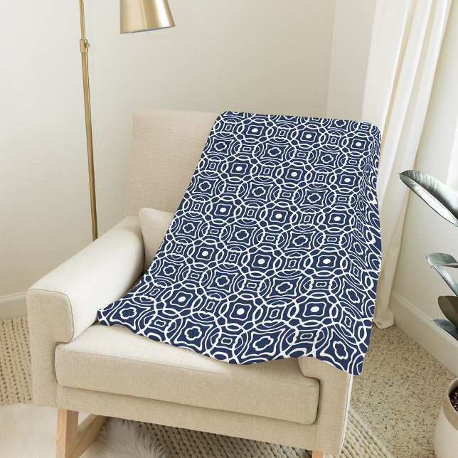 Navy and White Quatrefoil Block Print Pattern Fleece Blanket (Creator Uploaded)