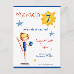 Navy and white rhythmic gymnastics girl with ball invitation postcard