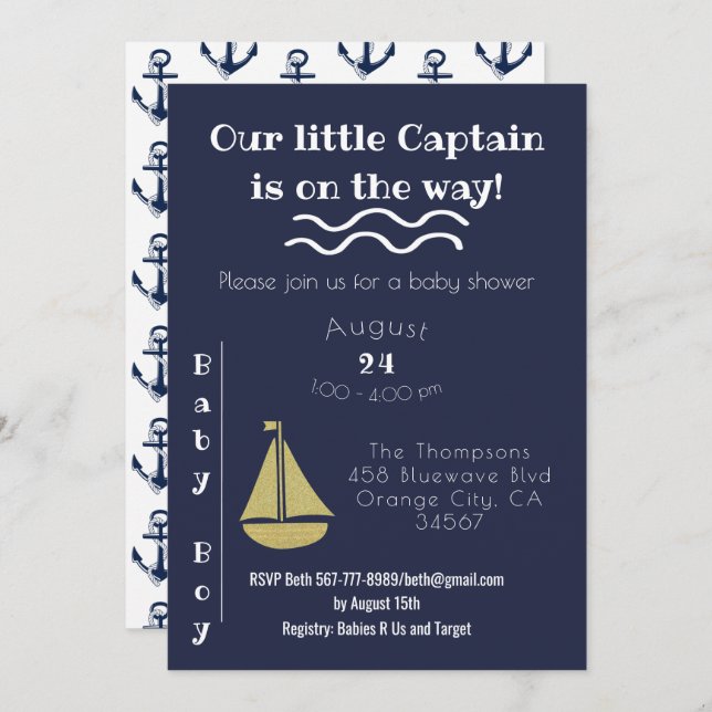 Navy and White Sailboat and Anchor Baby Boy Invitation (Front/Back)