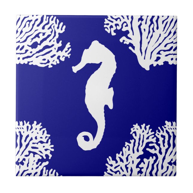 Navy And White Seahorse Coastal Pattern Tile (Front)