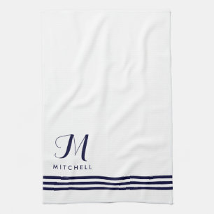 Navy and White Sophisticated Stripes and Monogram Tea Towel