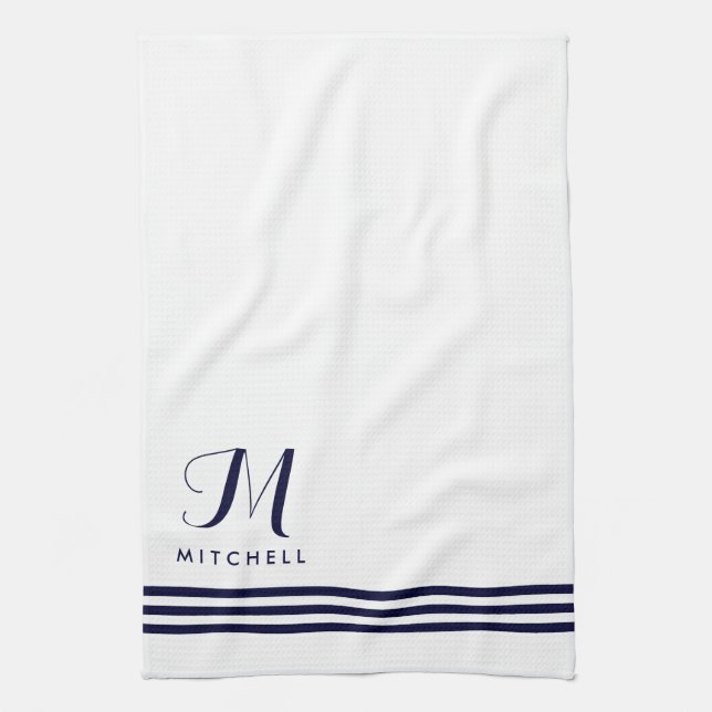 Navy and White Sophisticated Stripes and Monogram Tea Towel (Vertical)